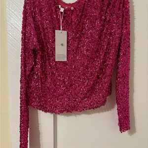 Sequin Long Sleeve Hot Pink Crop-Top